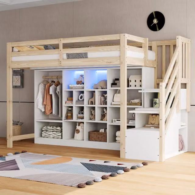 Letto a soppalco ULEVR 90x200 cm in legno con armadio, vani contenitore, scala laterale e LED