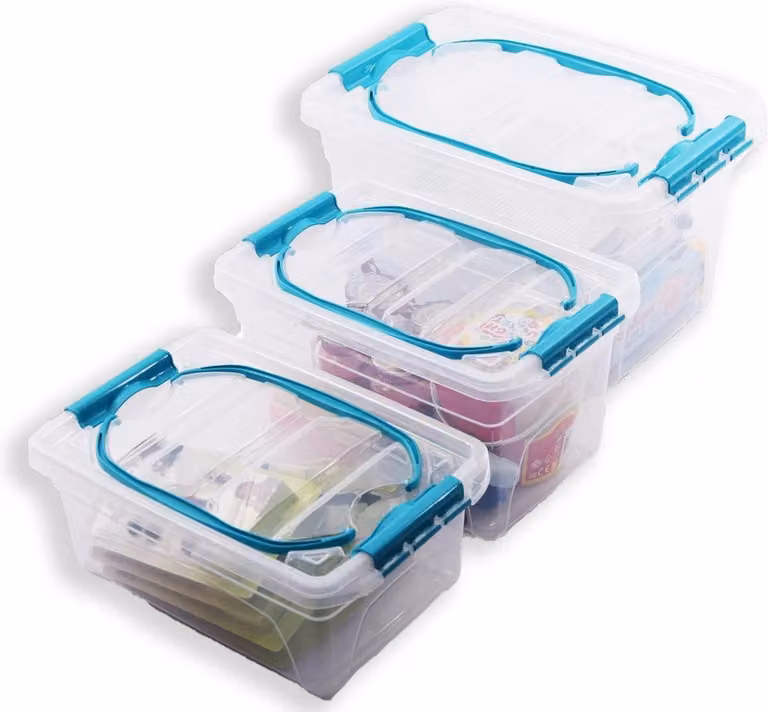 Set di 3 contenitori per l'organizzazione, in plastica trasparente, con capacità di 5 litri, 7 litri e 13 litri