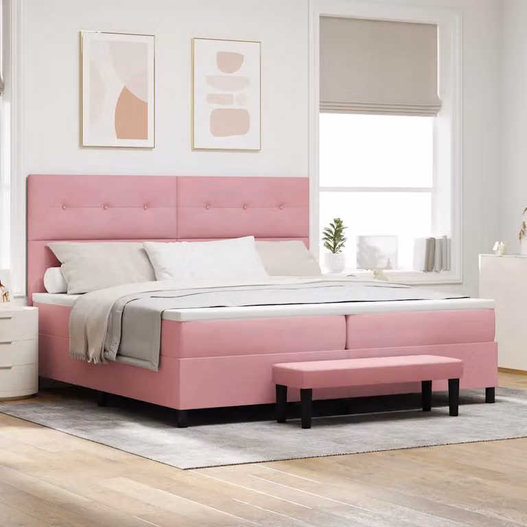 Letto a molle con testiera vidaXL in velluto rosa, L/P/H: 200 x 200 x 128 cm