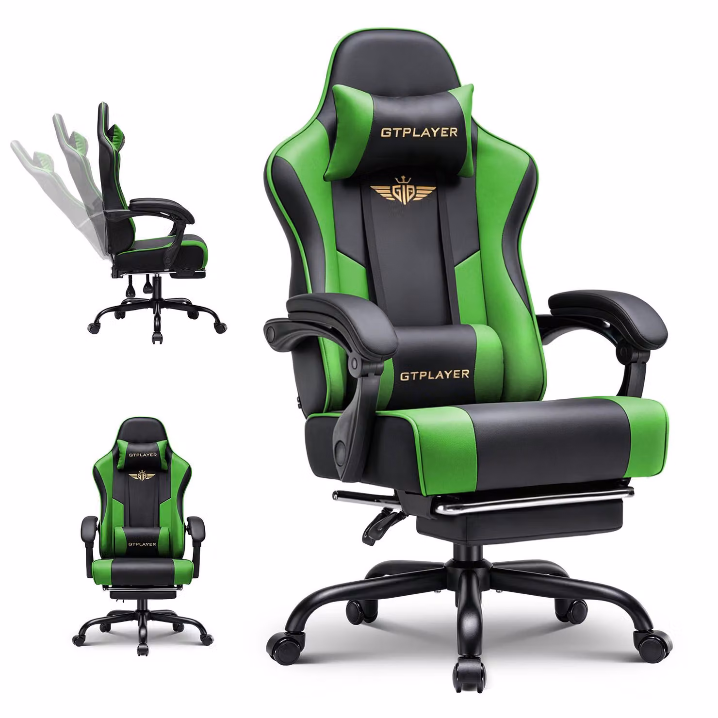 Sedia da gaming GTPLAYER - Sedia da gaming ergonomica con poggiapiedi, poggiatesta e supporto lombare, regolabile in altezza, verde