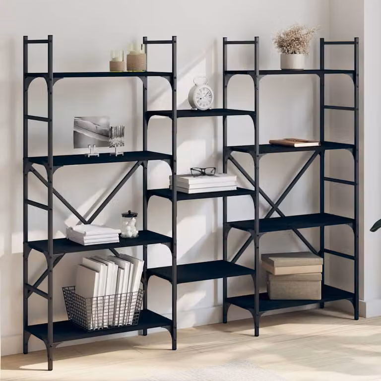 Libreria nera vidaXL in stile industriale con legno e metallo, L 160 cm x P 28,5 cm x H 136,5 cm