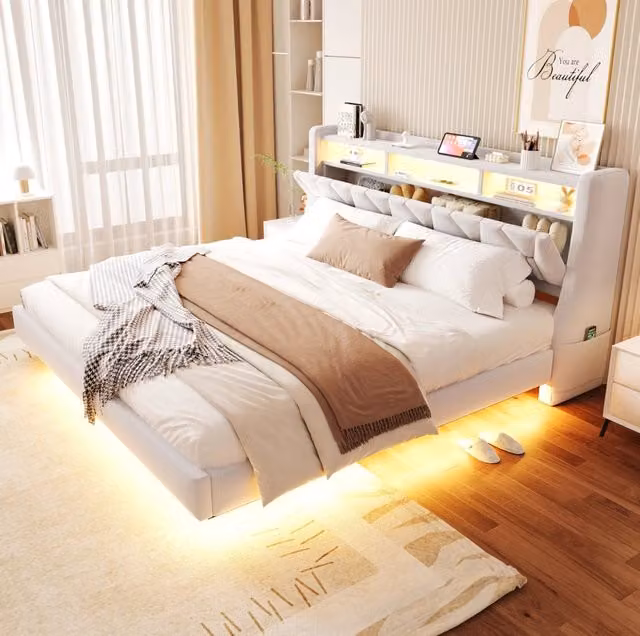 Letto imbottito 180x200 cm; testiera ribaltabile con vani; LED; USB e Type-C; velluto beige