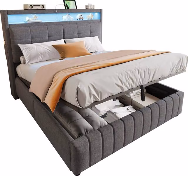 Letto matrimoniale 160 × 200 cm 2 posti; contenitore idraulico; LED; USB e mensole; senza materasso; grigio