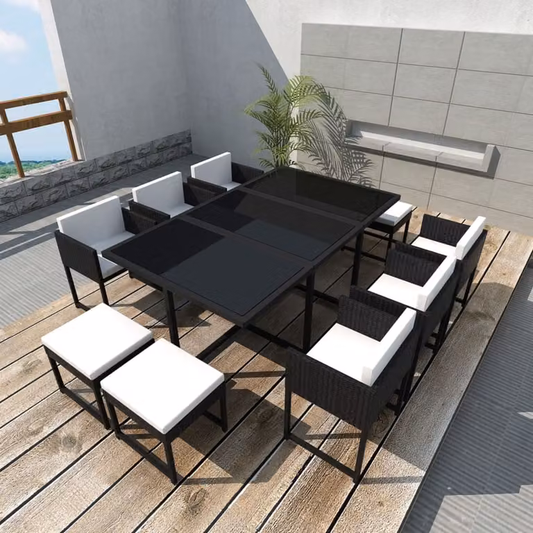 Set da Pranzo da Giardino vidaXL 11 pz in Polyrattan e Vetro Nero con Cuscini