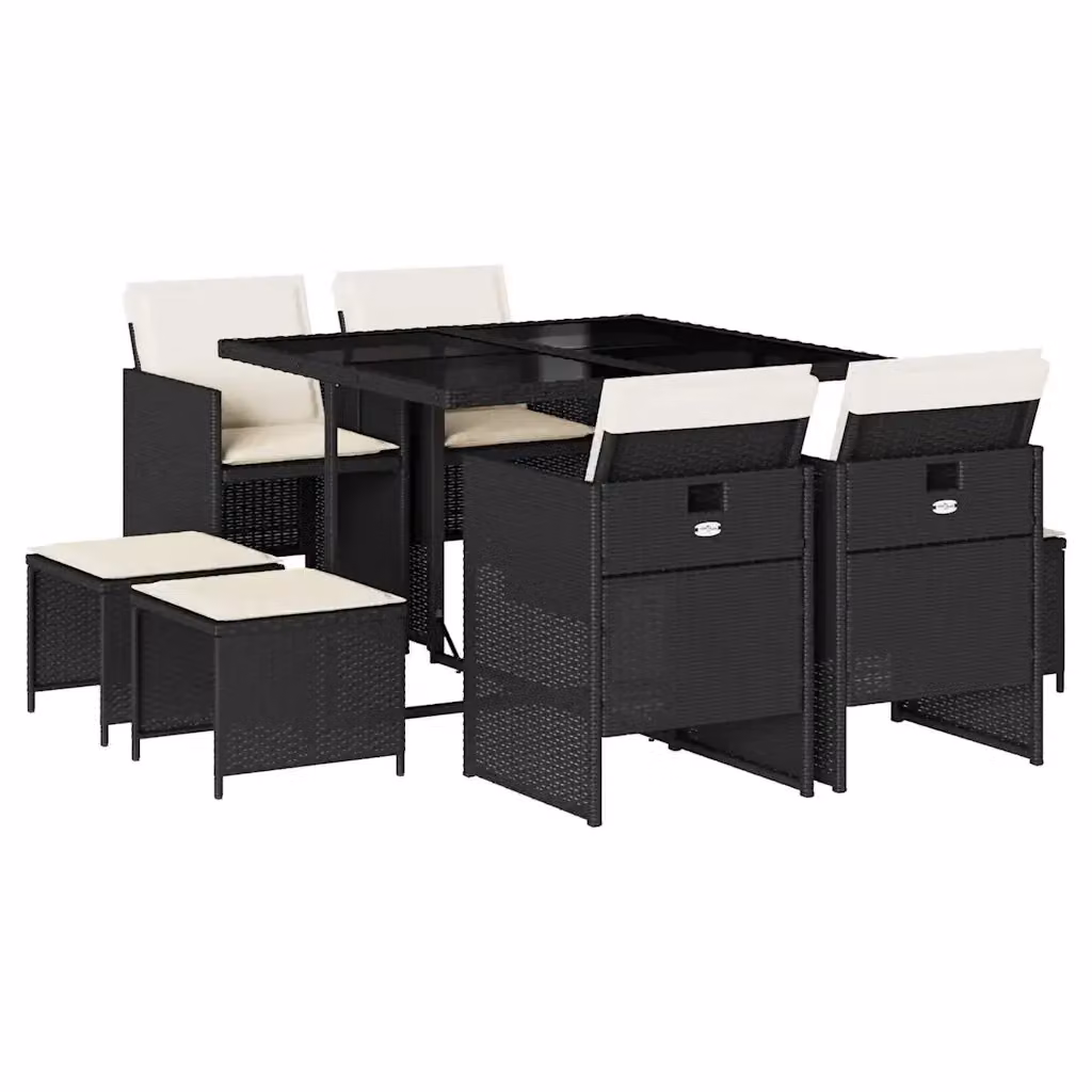 Set da Pranzo da Giardino vidaXL 9 pz in Polyrattan Nero con Cuscini e Piano in Vetro – 2