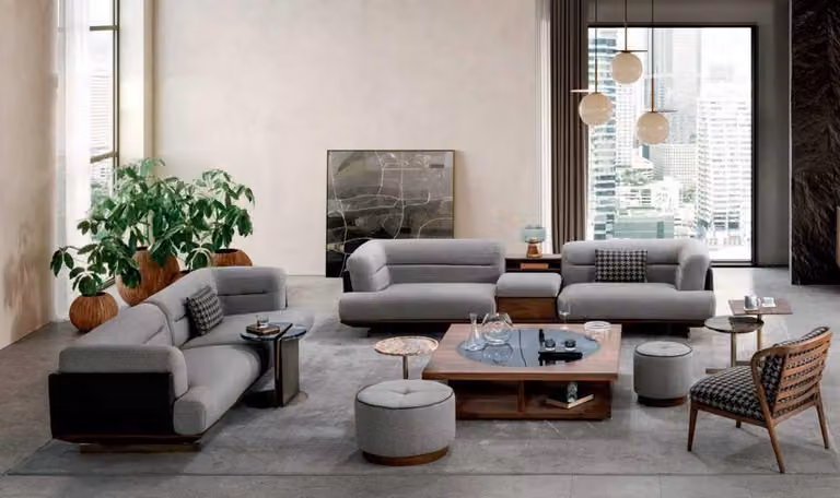 Luxus Wohnzimmer Set Grau Sofa mit Sessel 2x Hocker Modernen Design