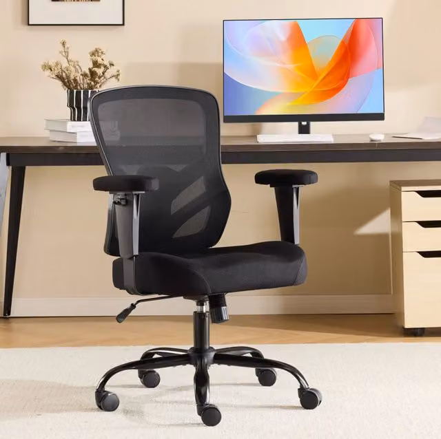 Sedia da ufficio nera ergonomica con supporto lombare regolabile e braccioli 2D