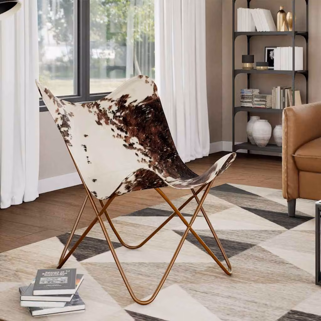 Sedia a Farfalla vidaXL in Vera Pelle di Vacchetta Marrone e Bianca con Struttura in Metallo in Stile Mid-Century L: 74 cm, P: 66 cm, H: 90 cm