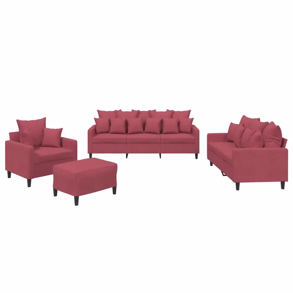 Set di divani moderno vidaXL in velluto rosso composto da un divano a 3 posti, un divano a 2 posti, un pouf e cuscini decorativi – 2