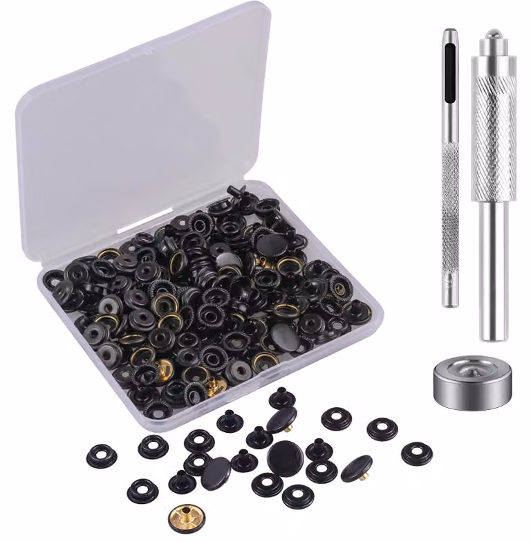 Set di bottoni a pressione, 50 pezzi, neri, in metallo, diametro 15 mm, con strumento di applicazione