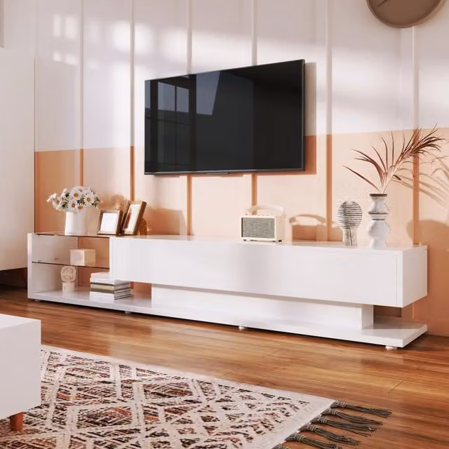 Mobile TV Modern REDOM Bianco Lucido con 2 Cassetti, 2 Ripiani in Vetro e Illuminazione LED L: 170 cm, P: 36 cm, H: 38 cm