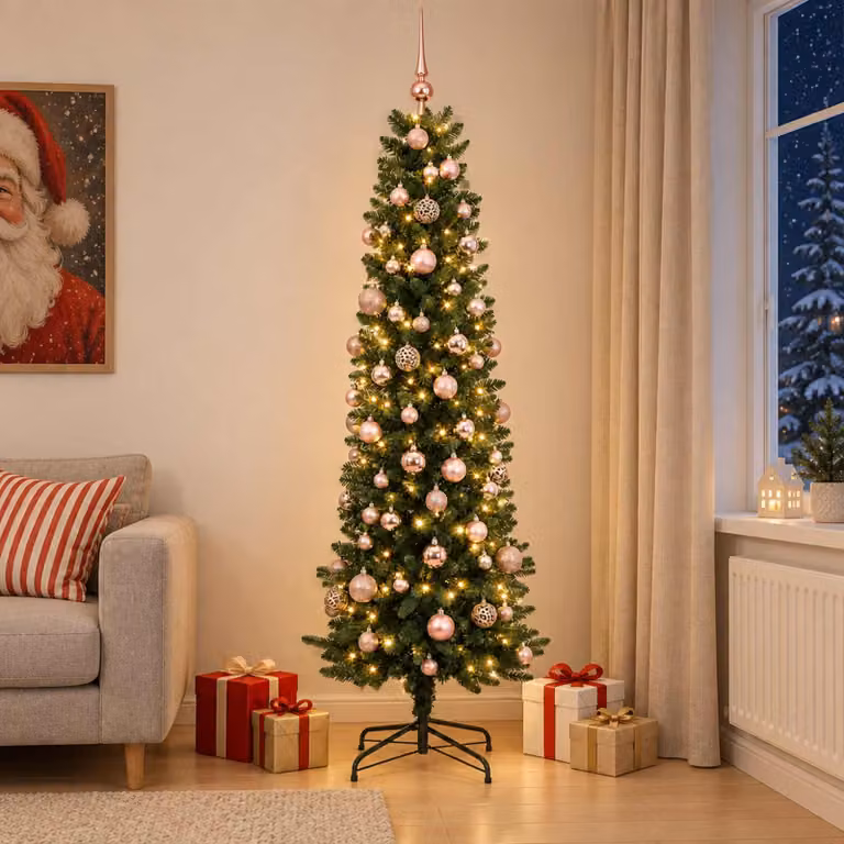 Albero di Natale artificiale, sottile, con decorazioni a forma di pallina, altezza 210 cm