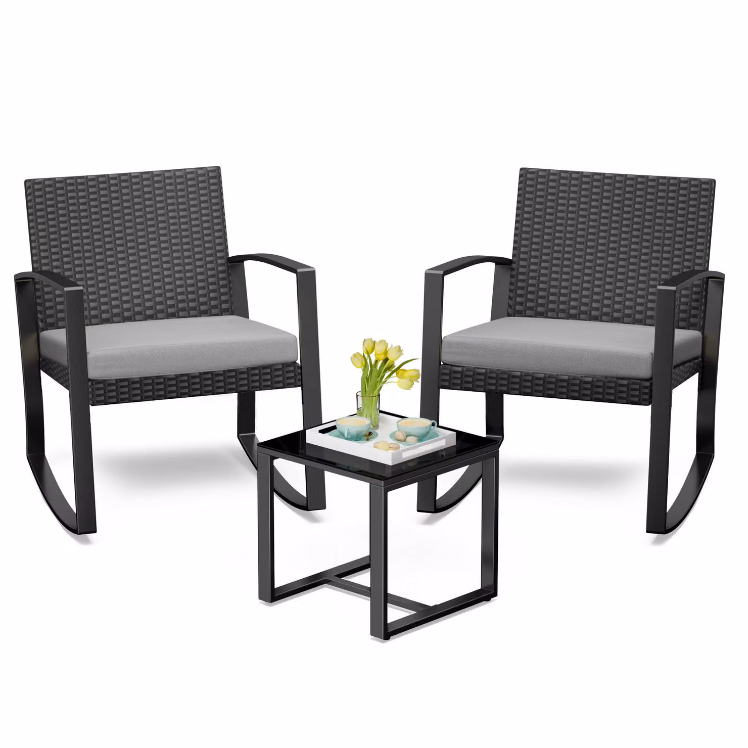 Set di mobili da giardino BEALIFE WR210, composto da 3 pezzi, realizzato in rattan di polietilene | Con cuscini rimovibili di colore grigio | Ideale per giardino e terrazza