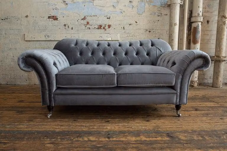 2 Sitzer Couch Polster Sofa Textil Stoff Chesterfield Couchen Garnitur Grau -