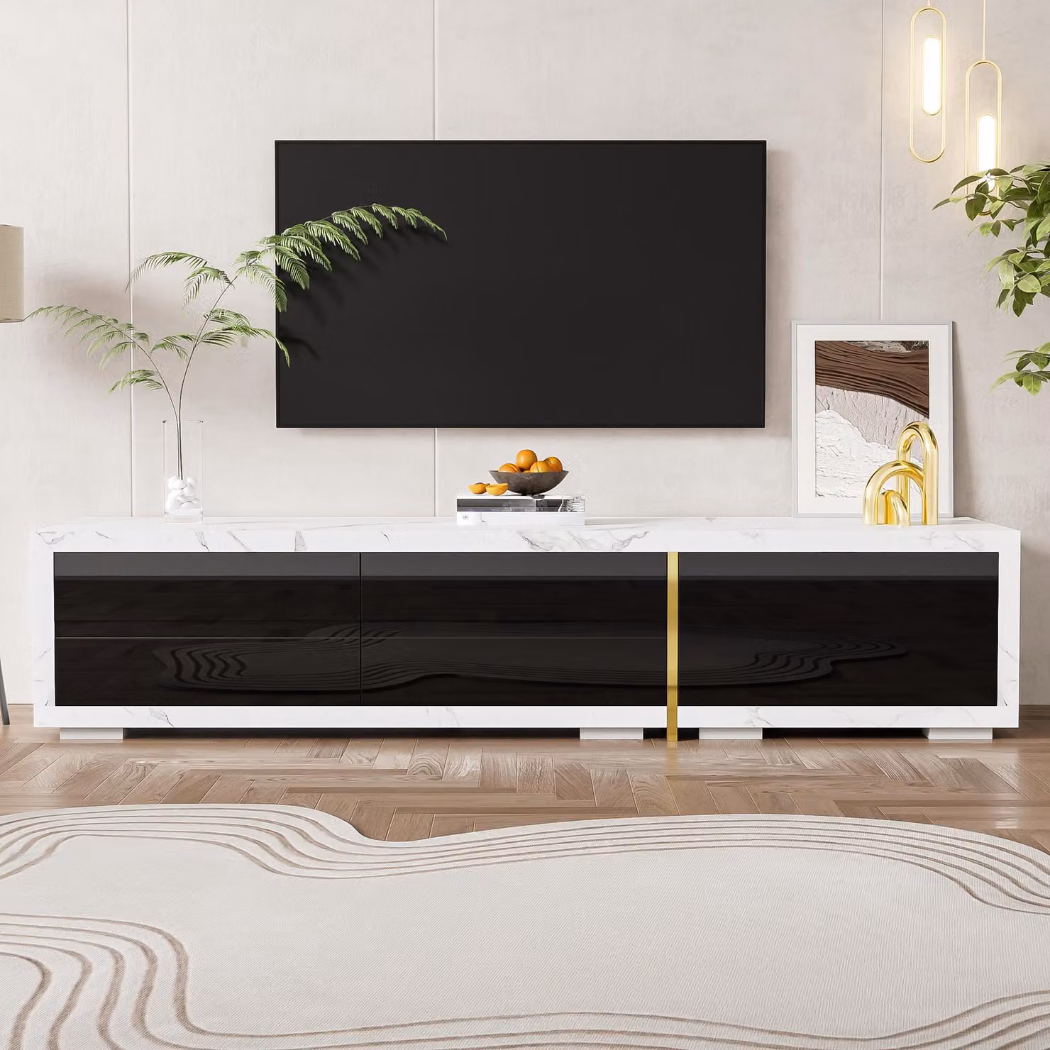 Mobile TV Moderno Aosom con Funzione Rotante e Lunghezza Variabile in Effetto Marmo Bianco e Nero, L: 140-260 cm, P: 40 cm, H: 30 cm – 2