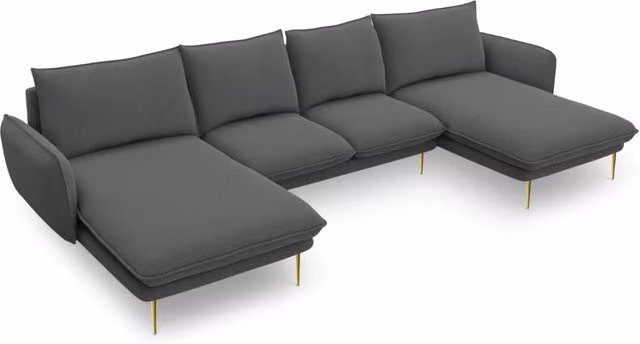 Divano panoramico Vienna Cosmopolitan Design a forma di U con 6 posti, rivestimento in tessuto grigio scuro e dettagli oro, L: 350 cm, P: 170 cm, H: 95 cm