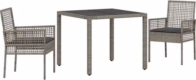 Set da pranzo per giardino e terrazzo in polyrattan grigio con tavolo quadrato in vetro e design minimalista