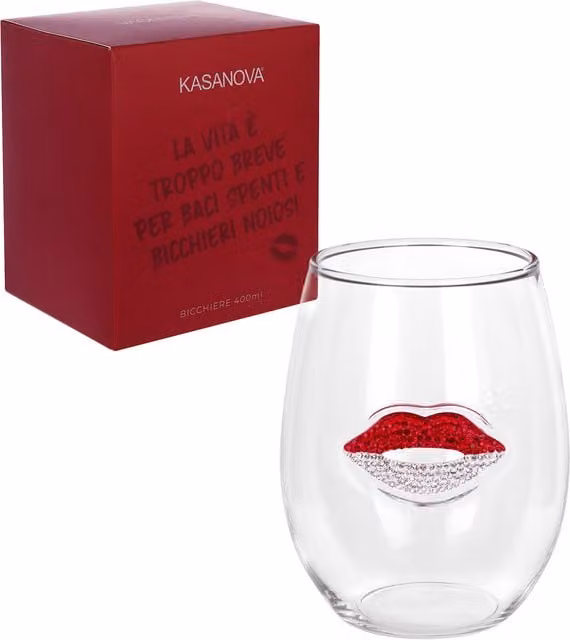 Bicchiere Tumbler in Vetro con Decorazione Labbra Rosse per Vino Bianco e Rosso, 400 ml