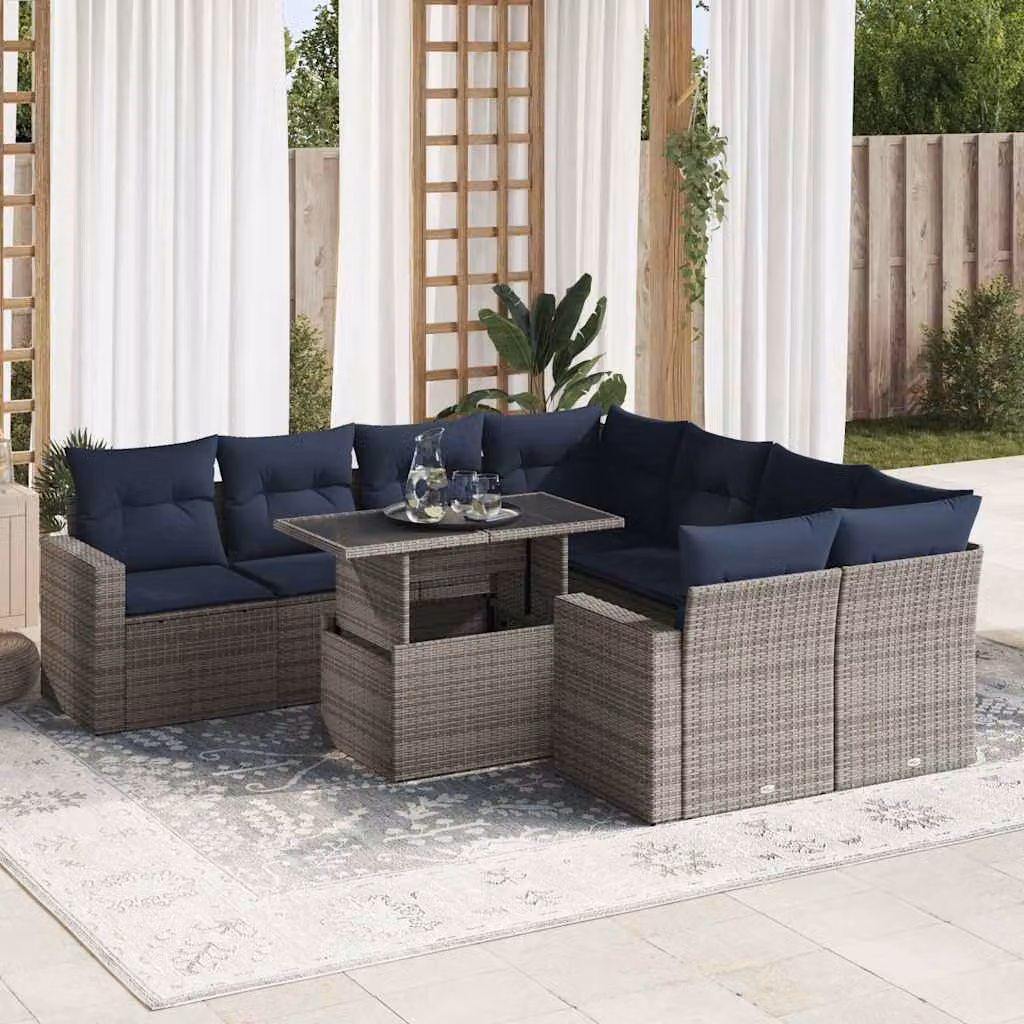 Set Divano da Giardino vidaXL a Forma di L in Polyrattan con Cuscini e Tavolino, 9 Pezzi, Grigio e Blu