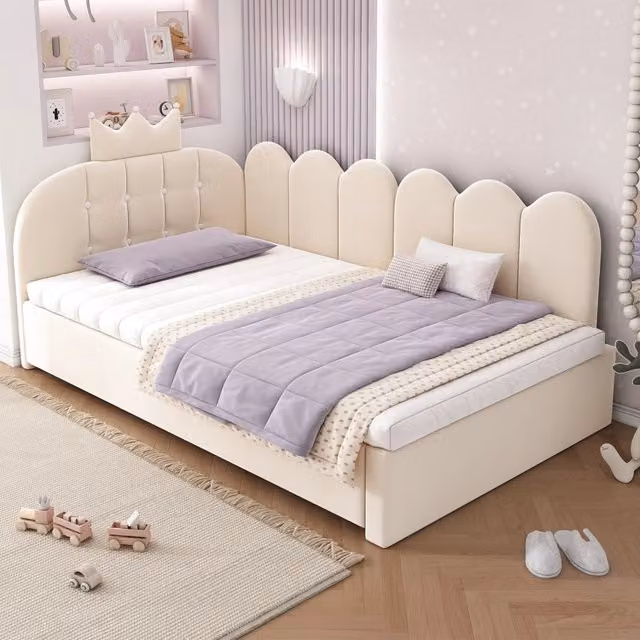 Letto Mivray con letto estraibile rivestito in velluto beige e testiera a corona, L/P/H: 90 x 200 x 98 cm