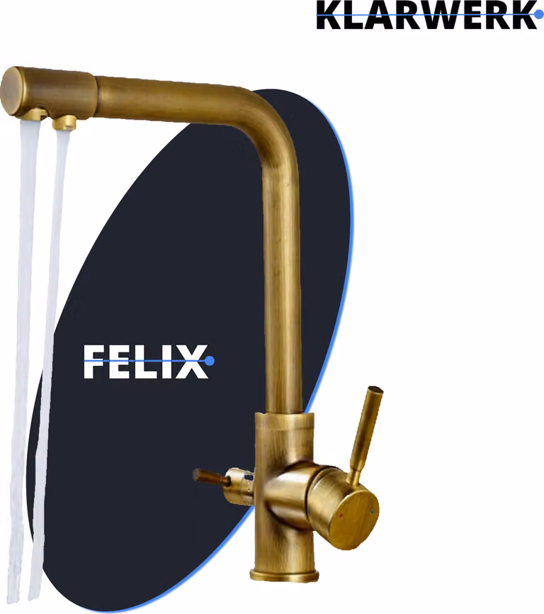 KLARWERK® Felix | Miscelatore retrò a 3 vie in acciaio inossidabile e ottone dorato | Filtro per acqua potabile, rubinetto da cucina | Miscelatore a osmosi a 360° con bocca a U e 3 attacchi