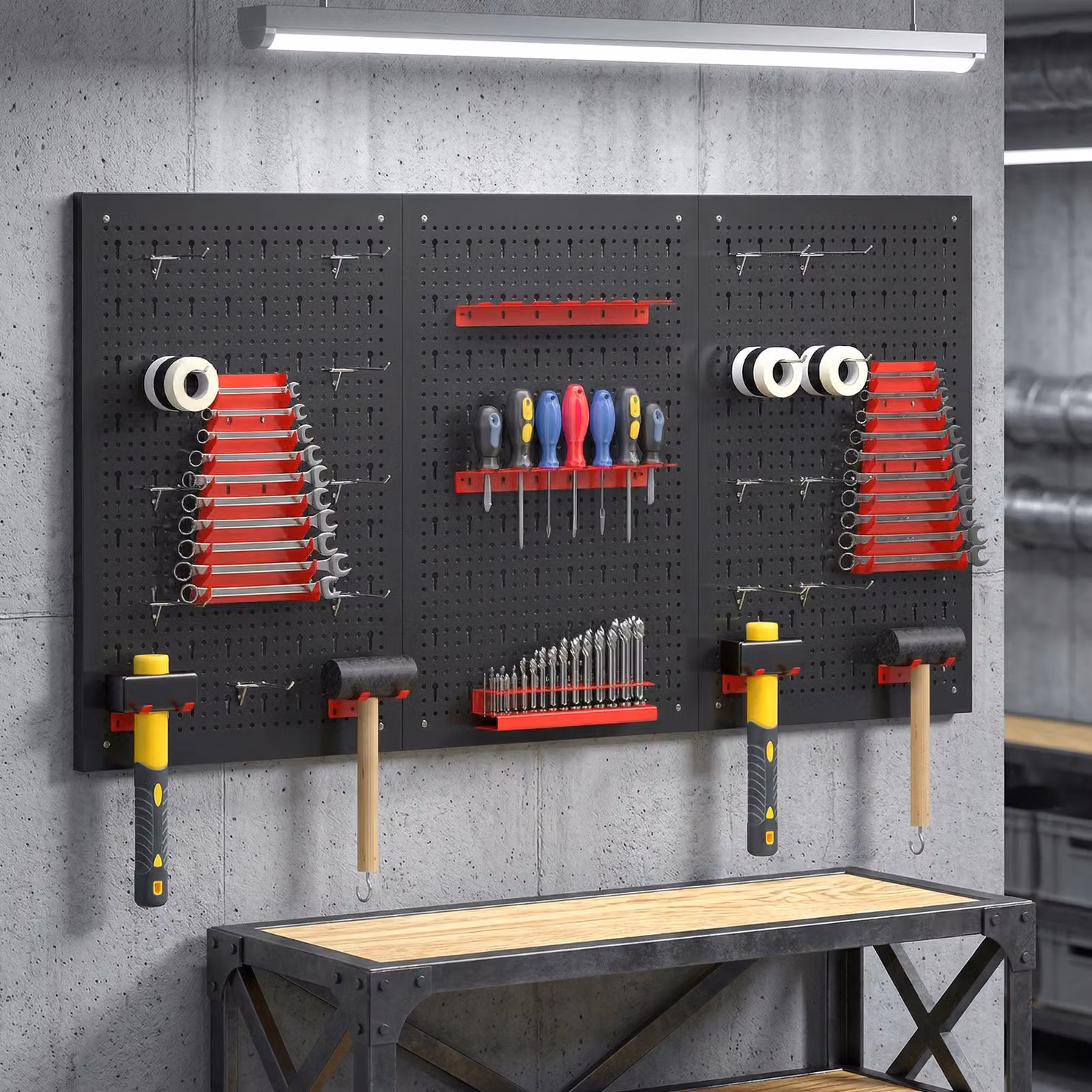 Set di 3 pannelli porta attrezzi da parete HOMCOM in acciaio con 9 supporti e 16 ganci, nero e rosso – 2