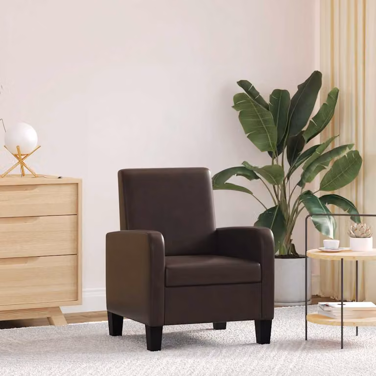 Poltrona moderna vidaXL in similpelle marrone con struttura in legno di pino e braccioli