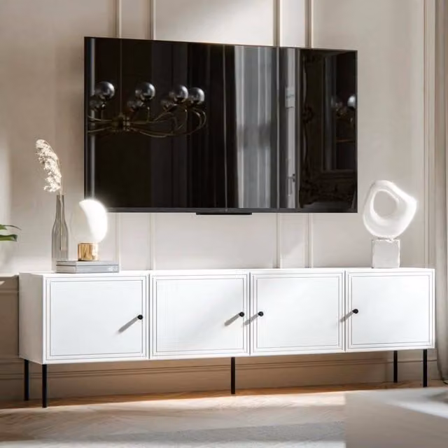 Mobile porta TV Piode DMORA, Madia da salotto moderna con quattro ante battenti in MDF, Bianco opaco, L: 201 cm, P: 40 cm, H: 60 cm