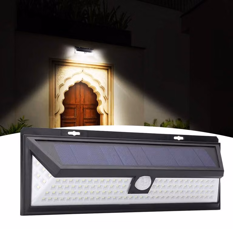 Lampada solare con 118 LED, sensore di movimento, grado di protezione IP65, 3 colori di luce, per uso esterno