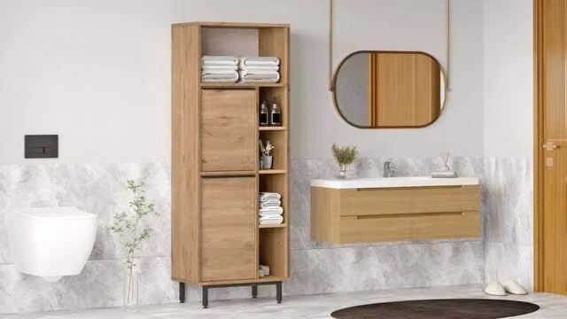 DMORA Merbok Mobile Colonna Moderno Marrone Noce con Ante a Battente, L/P/H: 36 x 45 x 160 cm – 1