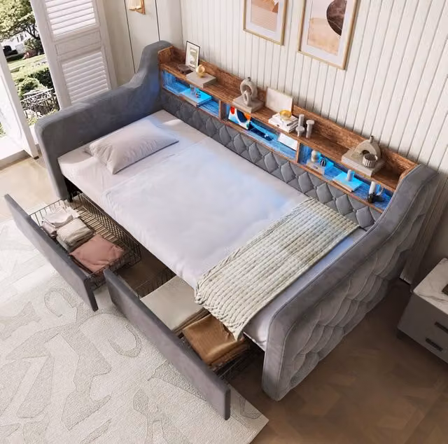 Letto imbottito 90x190 cm con LED, ricarica e 2 cassetti