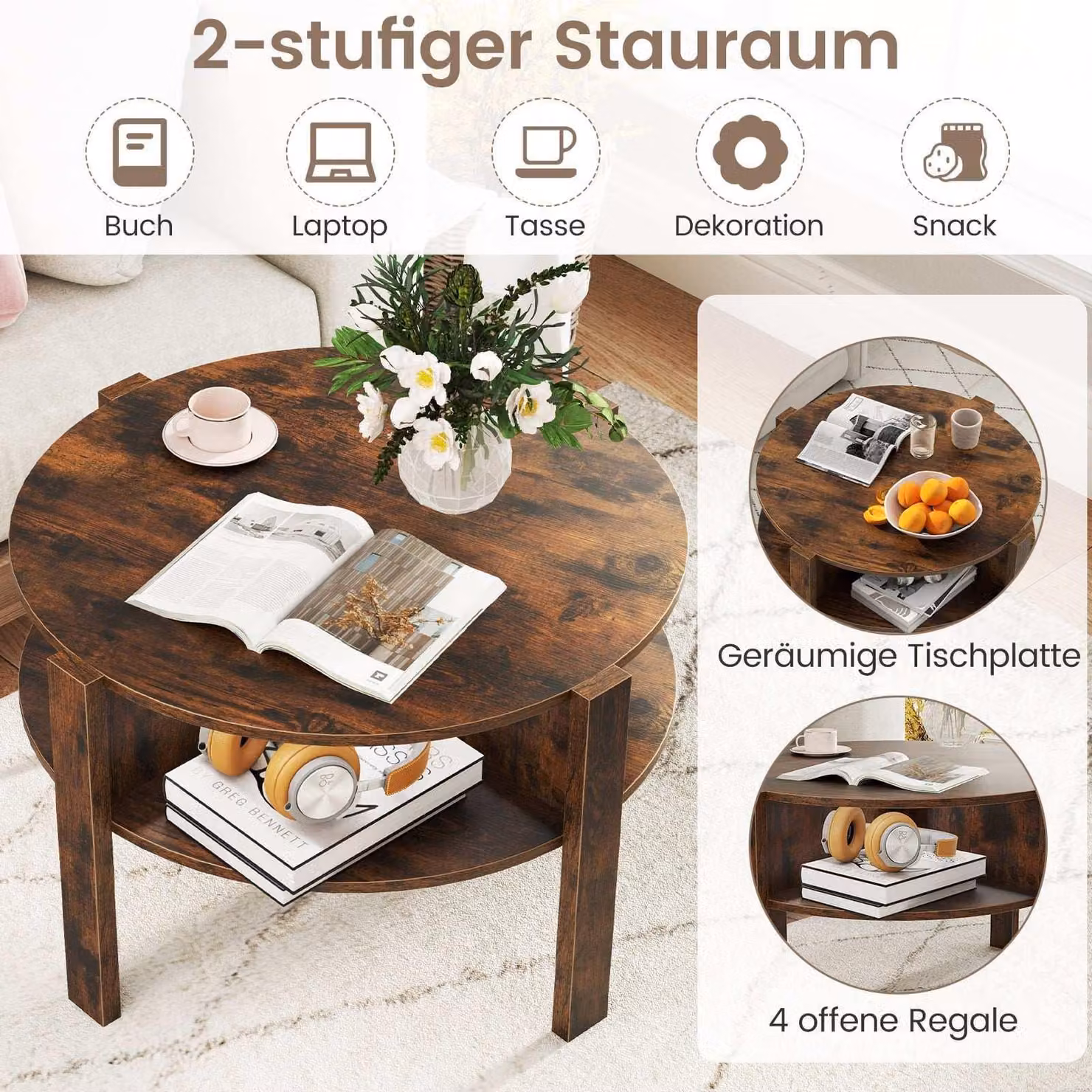 Tavolino rotondo con contenitore, legno, 4 ripiani, marrone