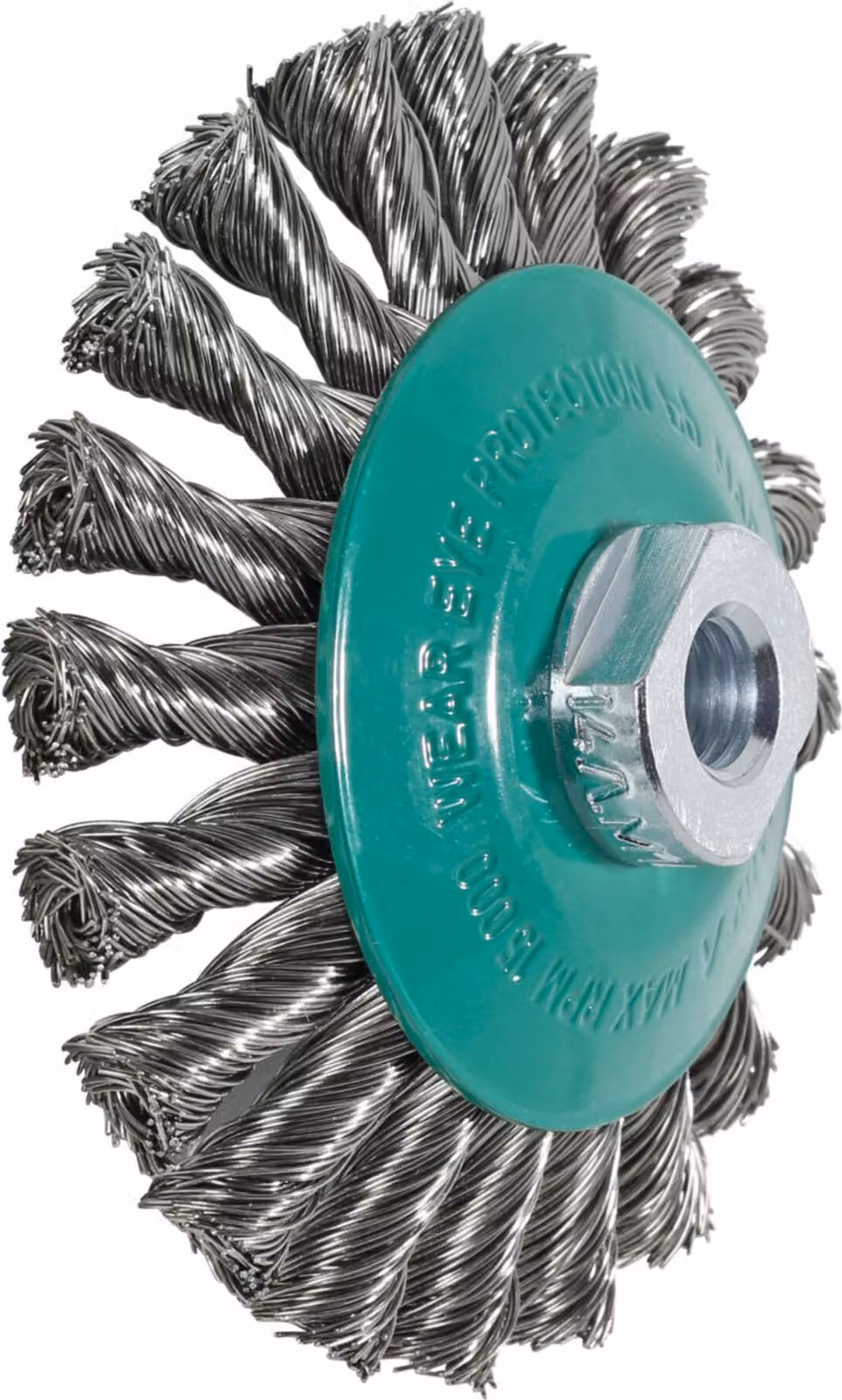 Spazzola conica Lessmann piegata Filo INOX 0,50 mm, ⌀ spazzola x filettatura: 125XM14 mm