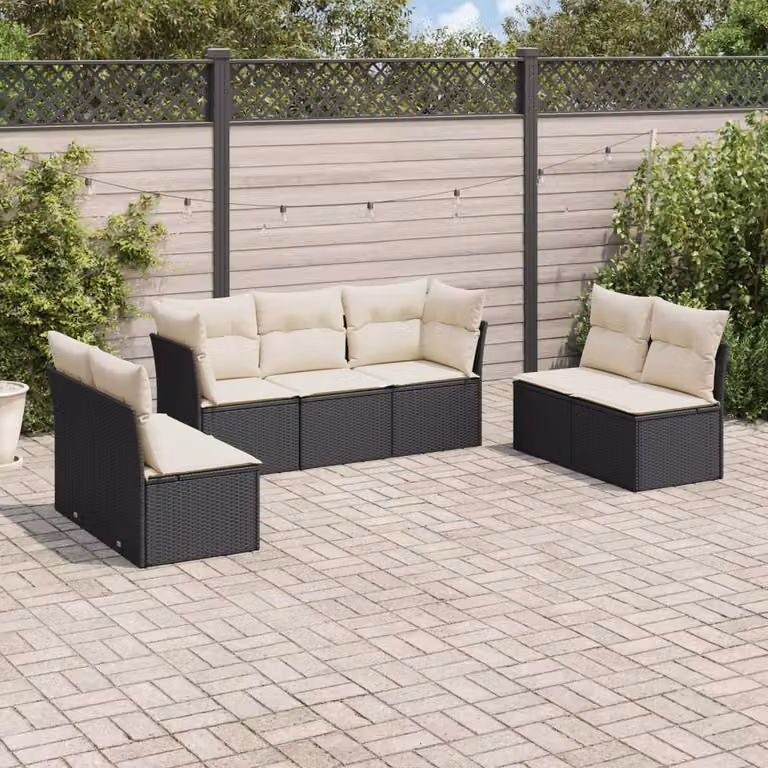 Set di divani da giardino vidaXL a forma di L con 7 cuscini in polyrattan nero