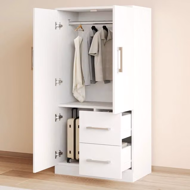 Armadio con 2 ante e cassetti 70x40x135 cm in legno; bianco e naturale