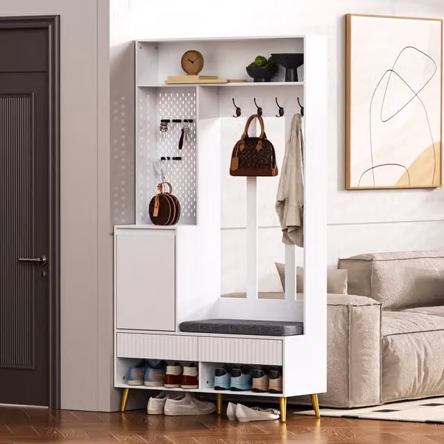 Mobili da ingresso OKWISH con panca, cuscino, 4 ganci e 2 cassetti in MDF bianco L: 100 cm, P: 35 cm, H: 180 cm