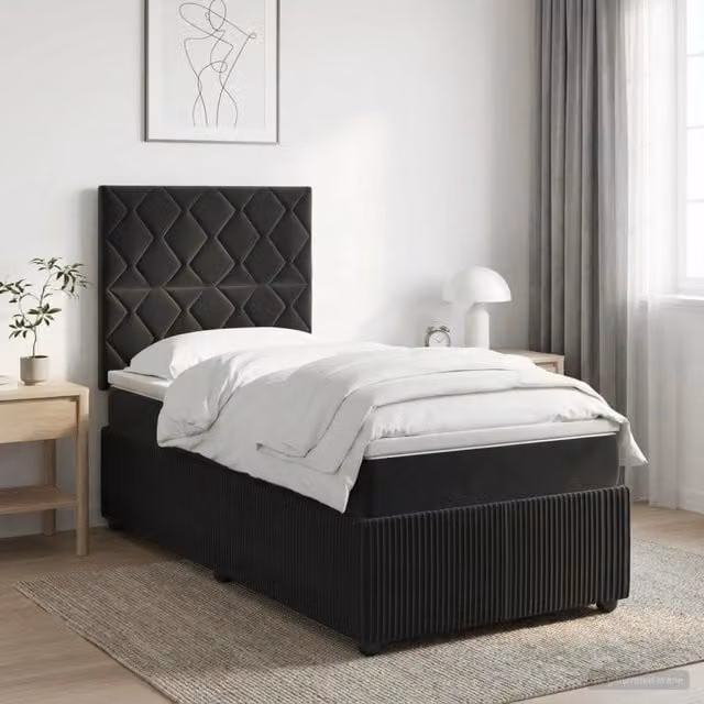 Letto Box Spring vidaXL in Velluto Nero con Materasso Ibrido e Illuminazione LED sotto il letto, con Porte USB e Base a Sollevamento, L/P: 100 x 200 cm