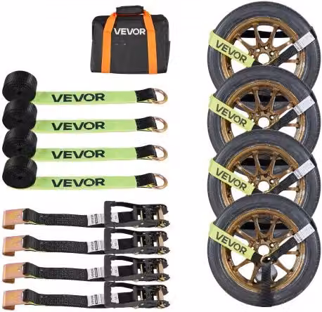 VEVOR Cinghie di Fissaggio per Ruote 50,8 x 3048 mm con Gancio Piatto Forza alla Trazione di 4540 kg, Sistema di Tensionamento per Pneumatici, Motociclette, SUV, Rimorchi, Nero