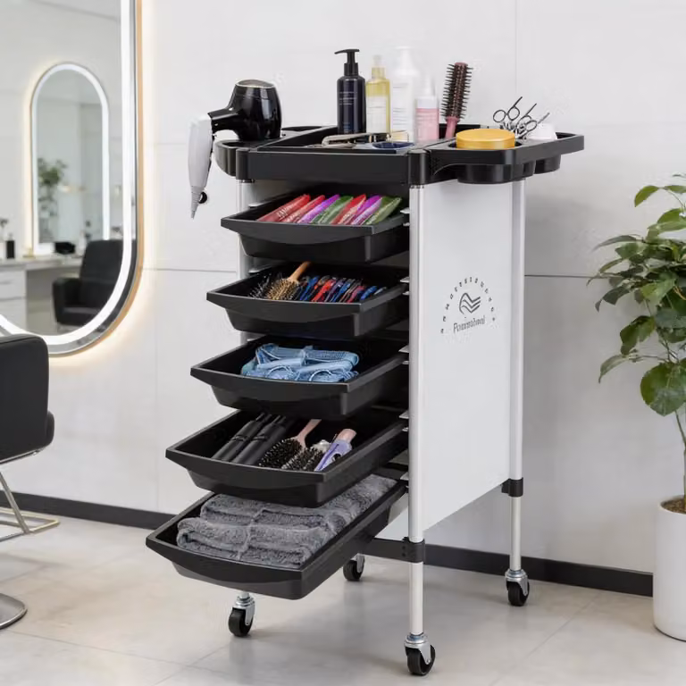 Carrello per parrucchiere - Carrello mobile per salone - 6 ripiani - 5 cassetti - Con ruote - Contenitore per strumenti da parrucchiere - Bianco e nero