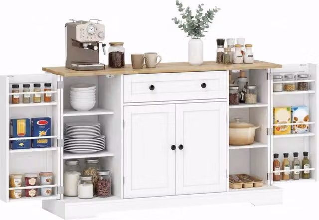 Credenza da cucina bianca effetto legno con 4 ante, cassetto, ripiani regolabili e ripiani sulle ante, per cucina e sala da pranzo, 138x40x85cm