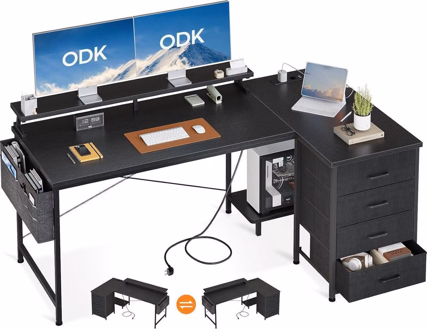 ODK Scrivania a L con porta e presa di ricarica USB, 4 cassetti, ripiano per monitor - Nero, 160x80x84,7cm