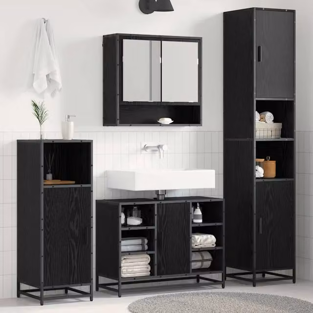 Set di mobili per il bagno 4 pz Rovere Nero 3402532