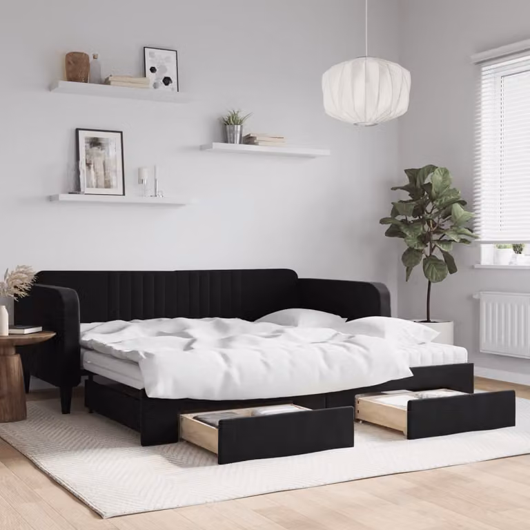 vidaXL Divano Letto Estraibile in Velluto Nero con Cassetti L/P/H: 223 x 100 x 75 cm