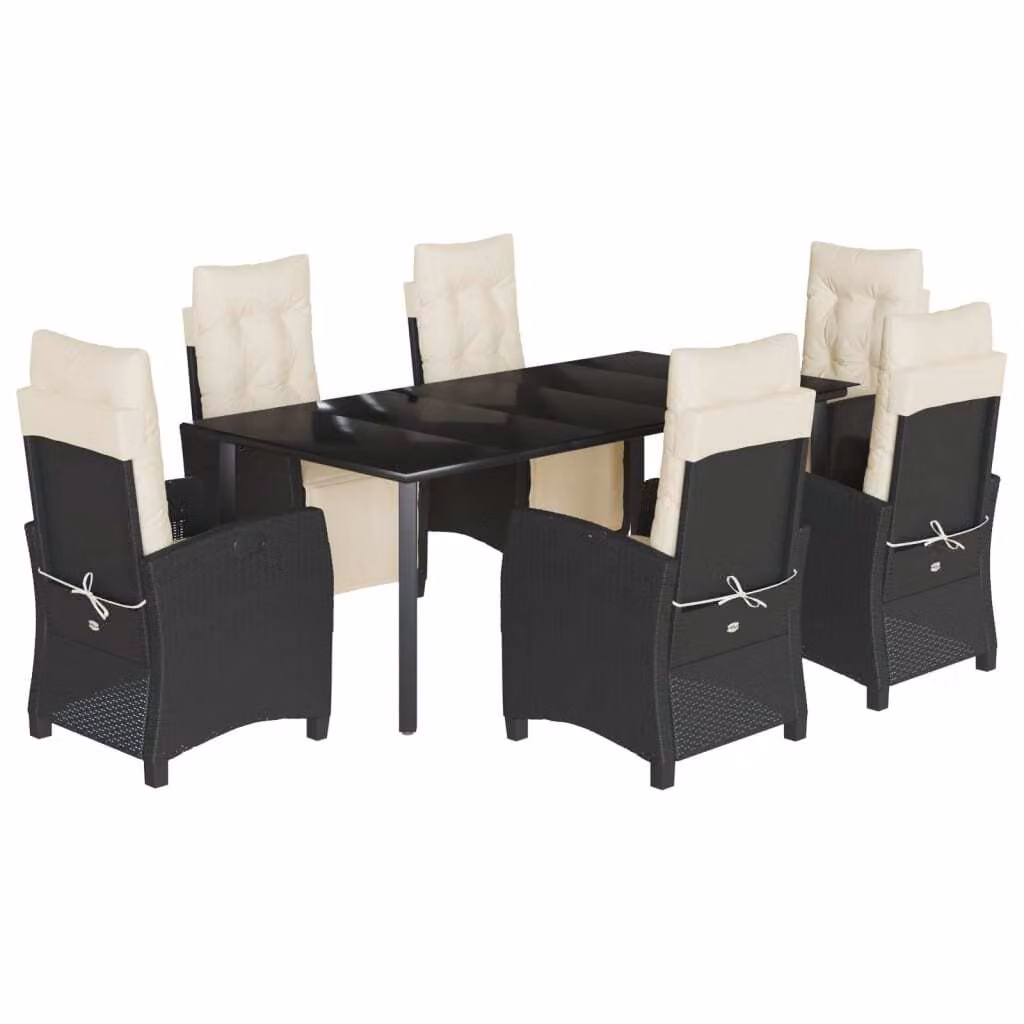Set da Pranzo da Giardino 7 pz Nero con Cuscini in Polyrattan