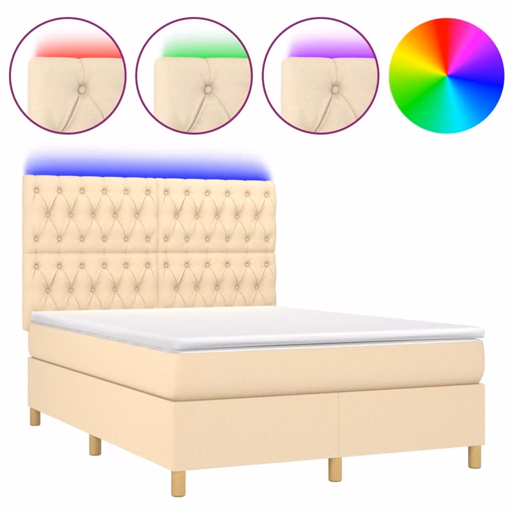 Letto a Molle con Materasso e LED Crema 140x200 cm in Tessuto