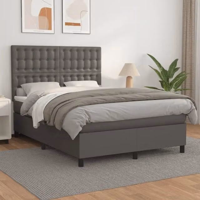 Letto a molle con materasso ibrido vidaXL in similpelle grigia e bianca L/P/H: 140 x 200 x 128 cm
