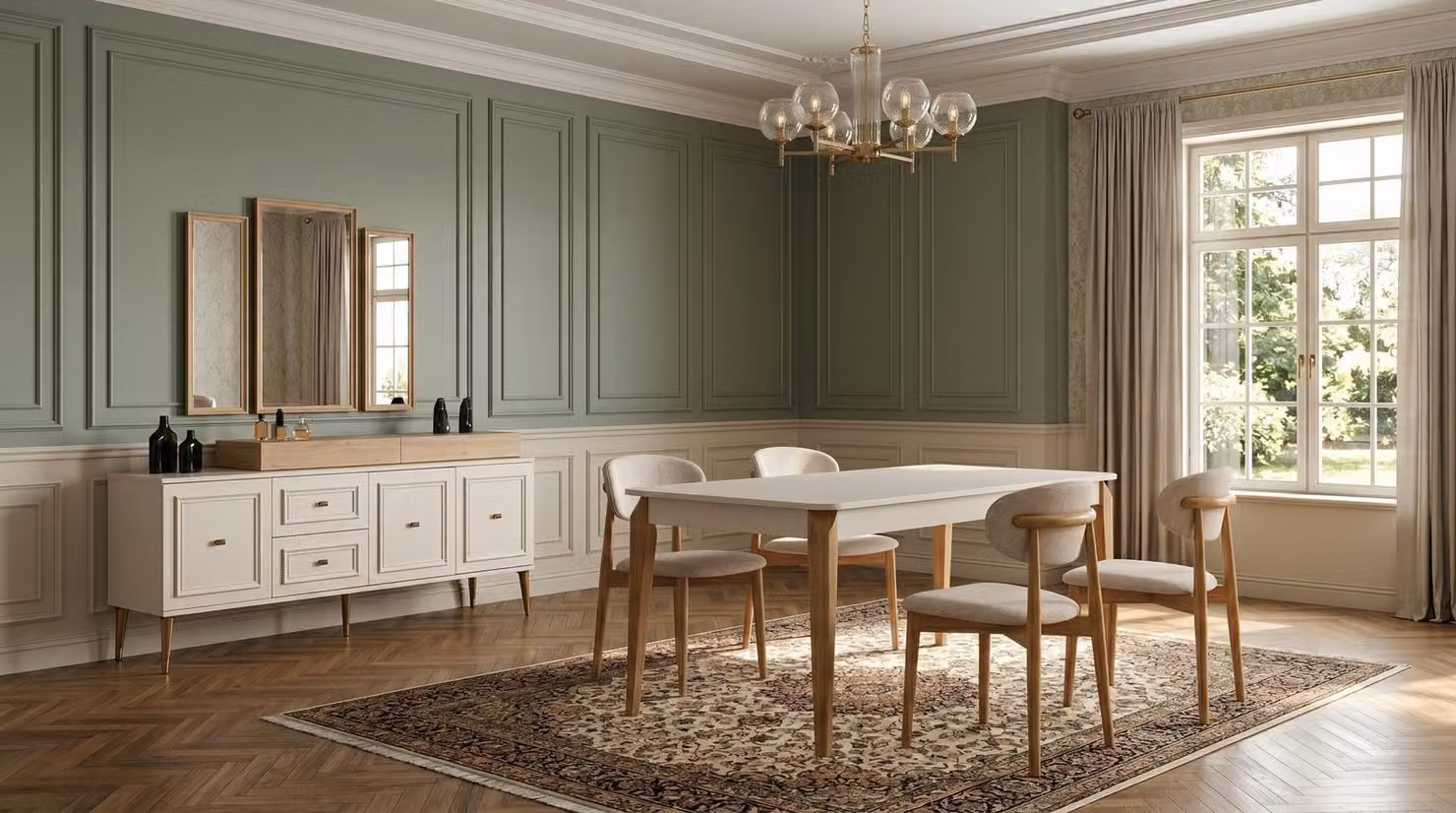 Set per sala da pranzo moderno: tavolo da pranzo e quattro sedie senza braccioli, specchio incluso. Design elegante e raffinato