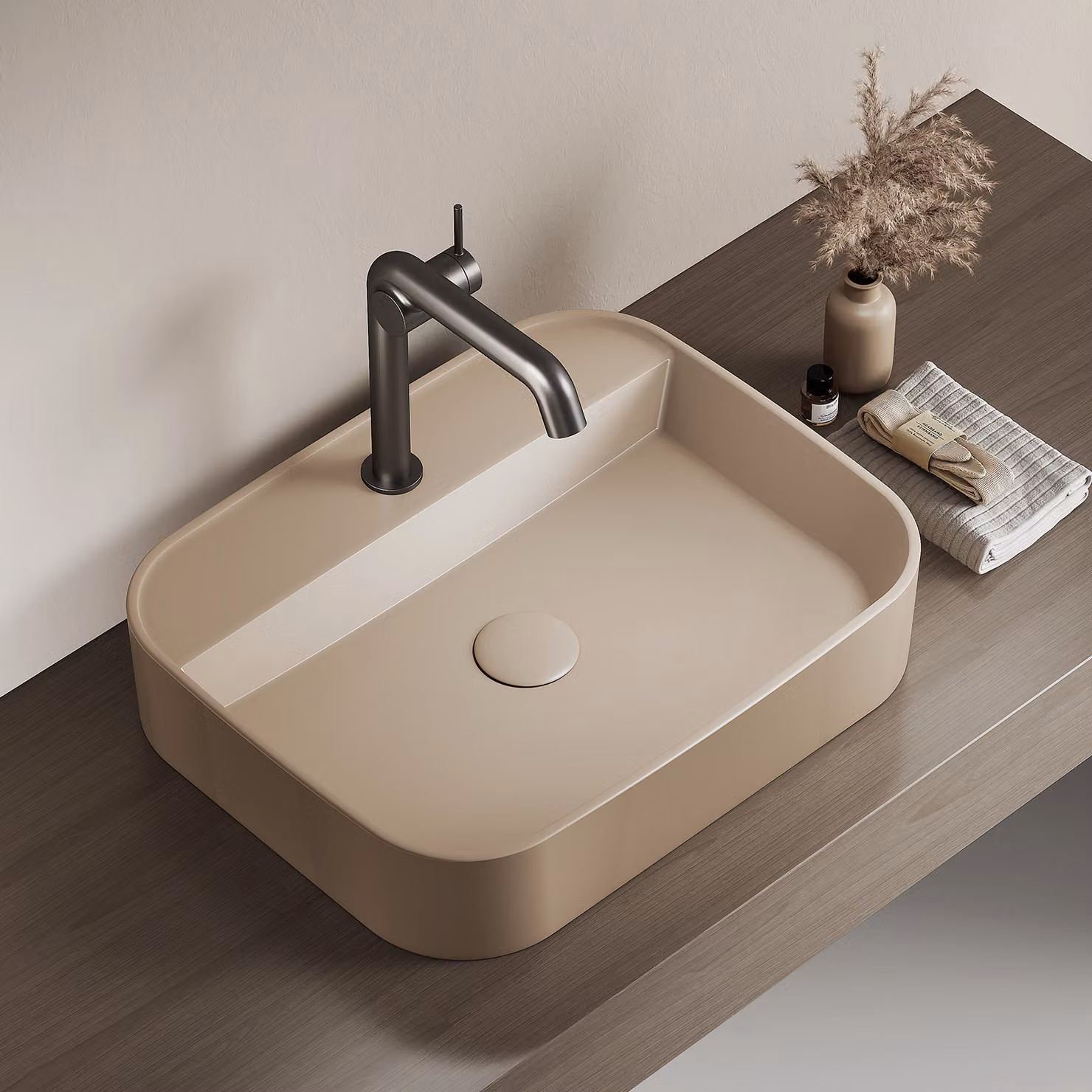 Lavabo in Vetroceramica EMKE, lavabo sospeso, lavabo da appoggio, beige opaco, 50x40x11 cm