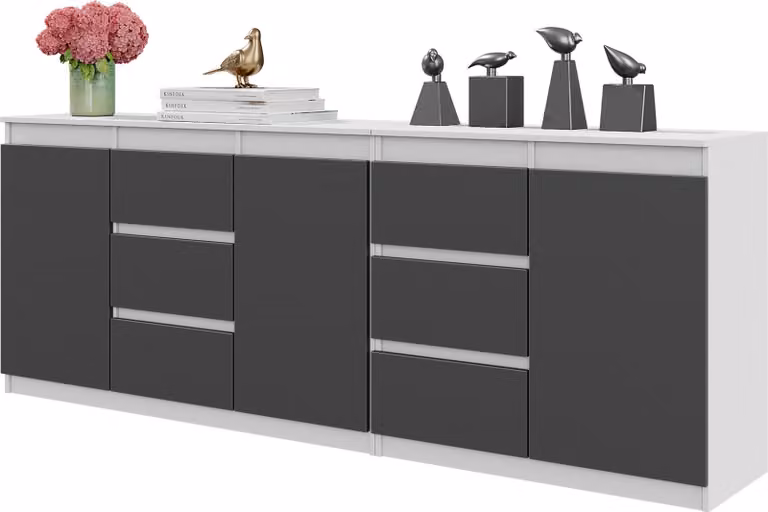 MIKEL - Cassettiera con 6 cassetti e 3 ante - cassettiera armadio credenza - bianco opaco / grigio antracite H75cm L200cm P35cm