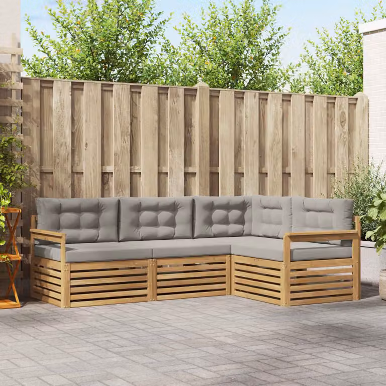 Set di divani da esterno a L vidaXL in legno di acacia con cuscini, Bianco, Grigio e Marrone